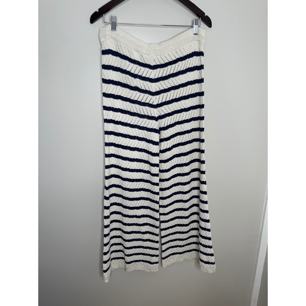 Aerie Women's Cream Navy Striped Knit Wide Leg Lounge Pants Size Medium - Picture 6 of 8